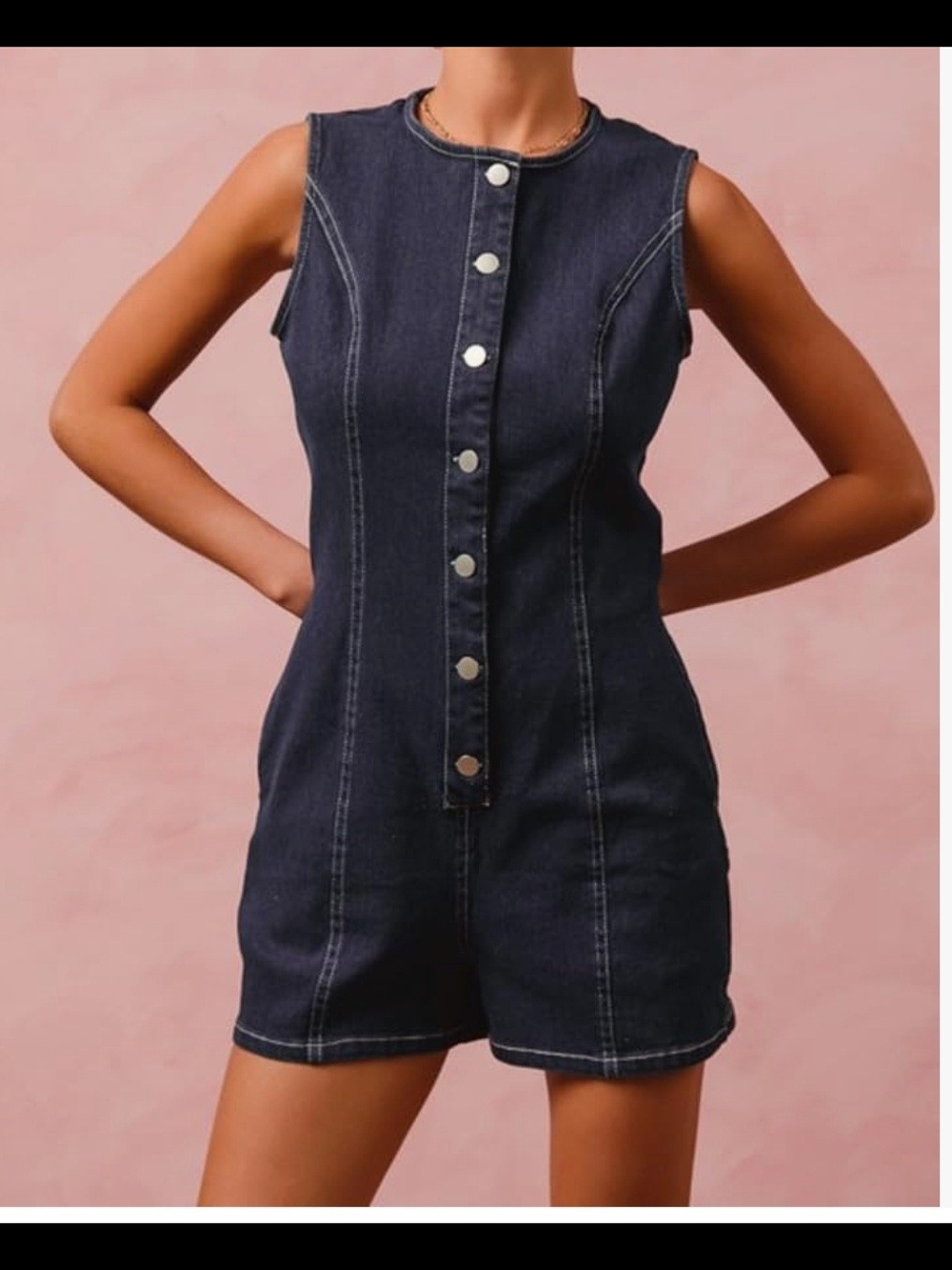 So Me Dark Blue Sleeveless Denim Romper with Front Snap Buttons